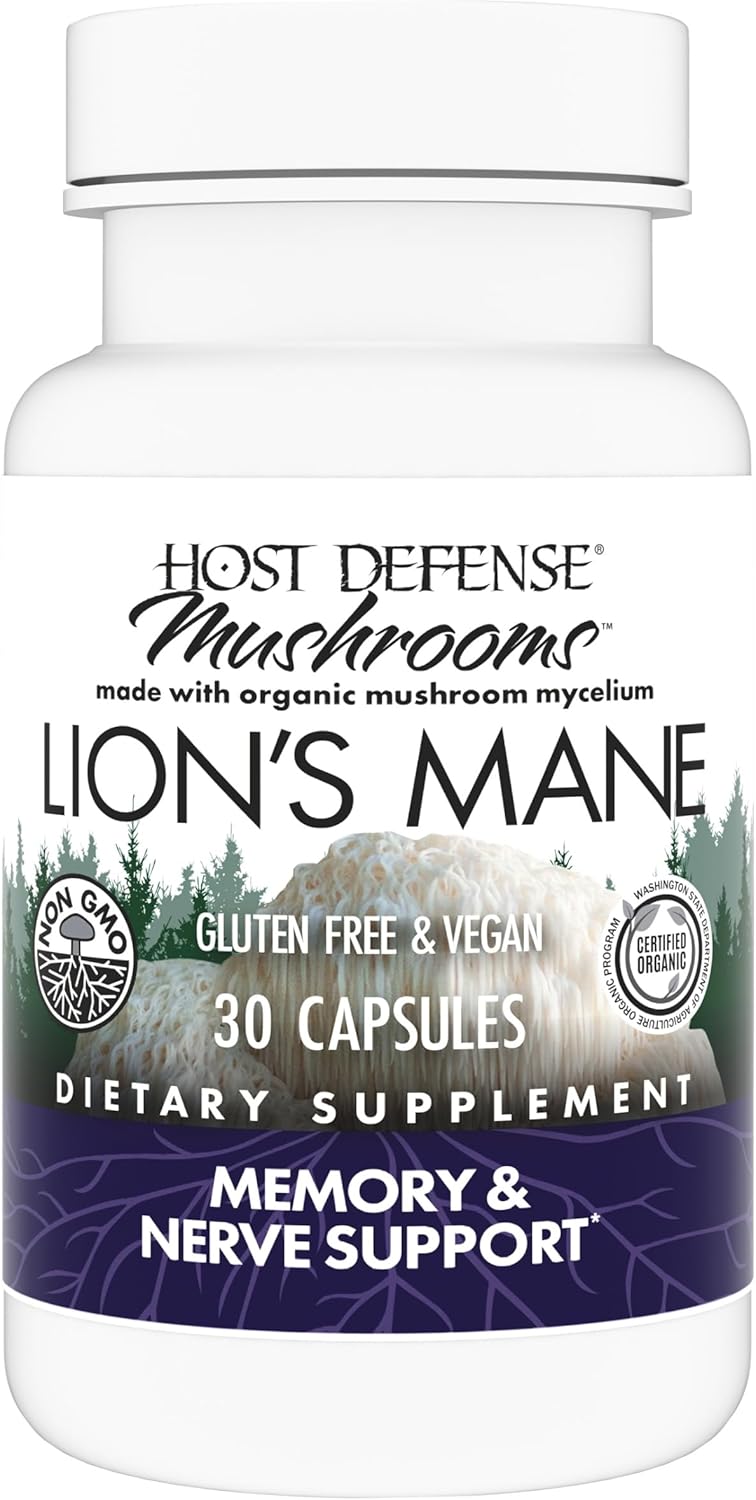 Host Defense, Lion&#39;s Mane Capsules, Promotes Mental Clarity, Focus and Memory, Daily Mushroom Supplement, Vegan, Organic, 30 Capsules (15 Servings)