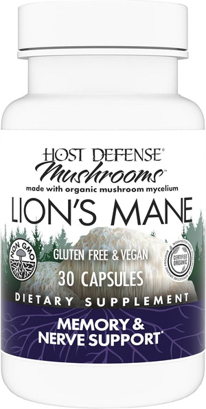 Host Defense, Lion's Mane Capsules, Promotes Mental Clarity, Focus and Memory, Daily Mushroom Supplement, Vegan, Organic, 30 Capsules (15 Servings)