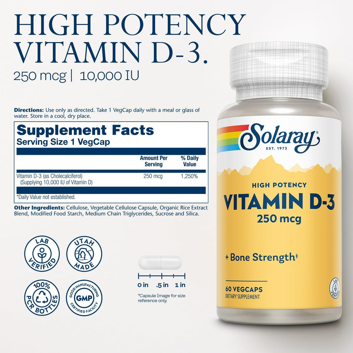 SOLARAY Vitamin D3 10000IU (250 mcg) - High Potency Vitamin D - with VIT D3 as Cholecalciferol - Strong Bones and Immune Support Supplement - 60-Day Guarantee, 60 Servings, 60 VegCaps