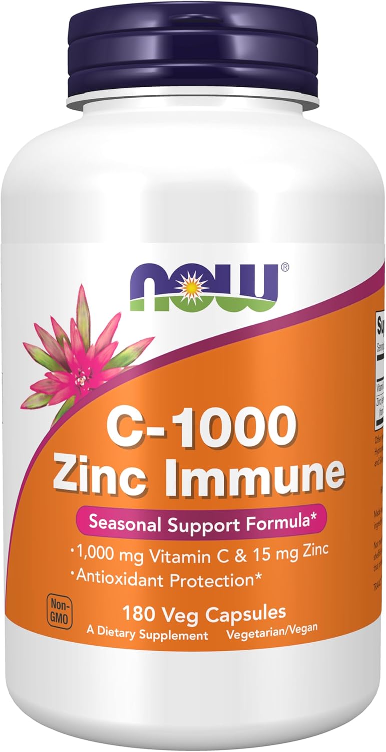 NOW Foods Supplements, C-1000 &amp; Zinc Immune, Seasonal Support Formula*, Antioxidant Protection*, 180 Veg Capsules