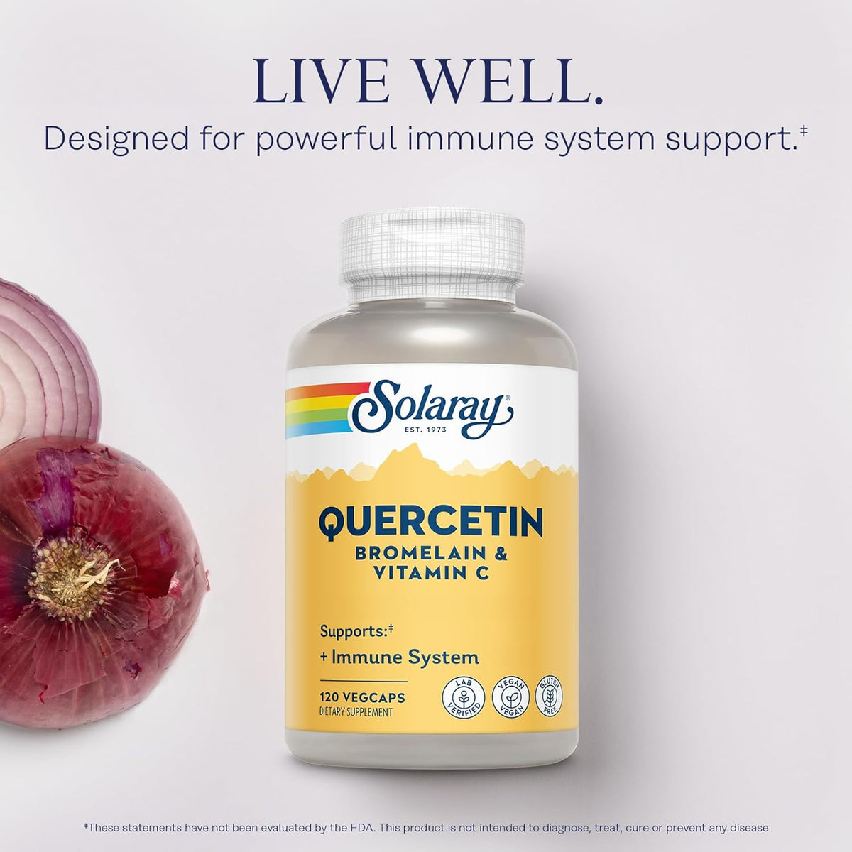 SOLARAY Quercetin with Bromelain and Vitamin C - Immune Support Supplement - Antioxidant and Heart Health Complex with Quercetin 500mg and 1235mg VIT C - Vegan, 60-Day Guarantee, 60 Serv, 120 VegCaps