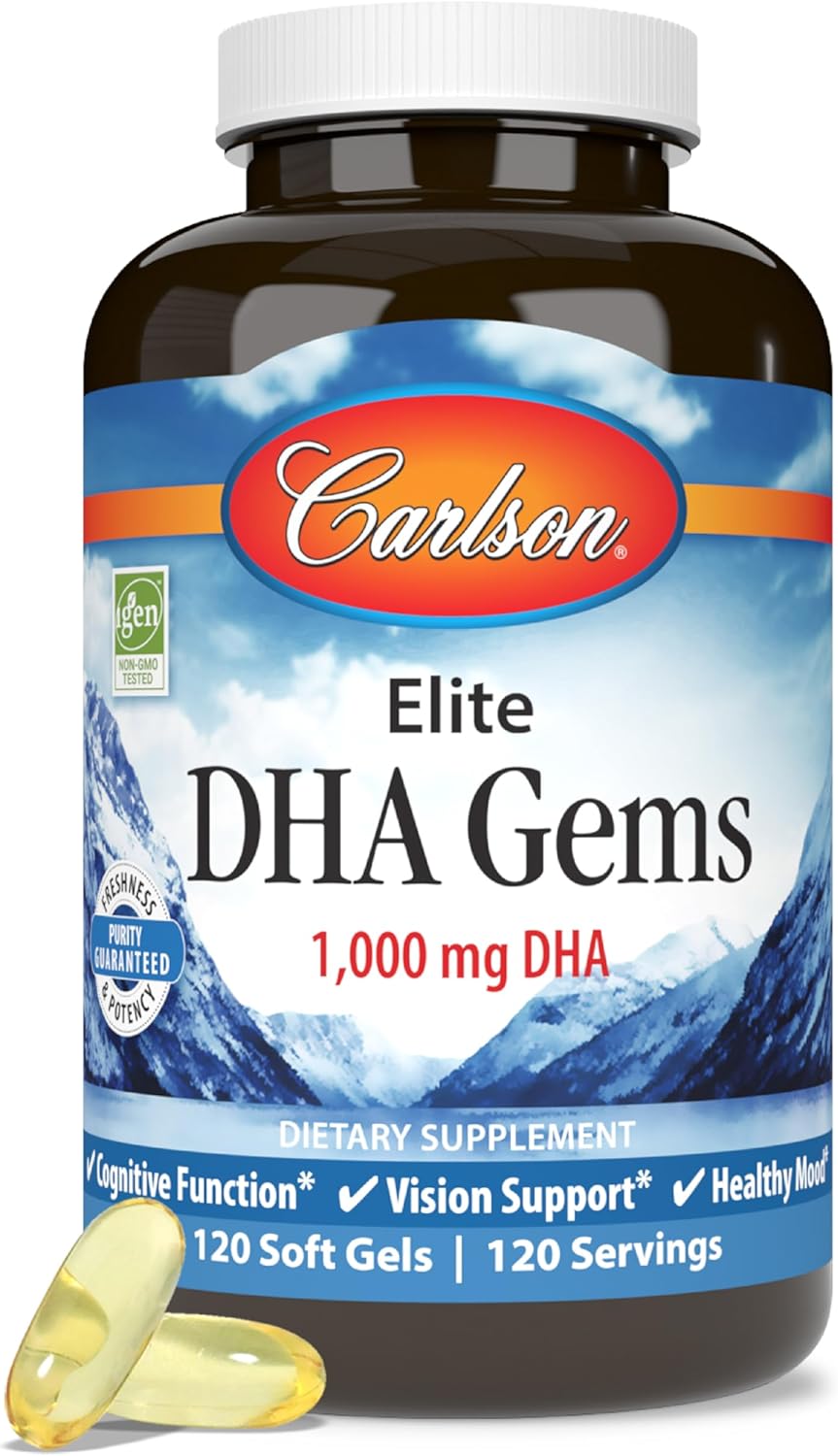 Carlson - Elite DHA Gems, 1000 mg DHA, Wild Caught, Sustainably Sourced, Brain Function &amp; Healthy Vision, 120 Softgels