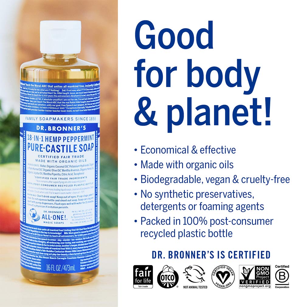 Dr. Bronner&#39;s - Pure-Castile Liquid Soap (Peppermint, 16 ounce) - Made with Organic Oils, 18-in-1 Uses: Face, Body, Hair, Laundry, Pets and Dishes, Concentrated, Vegan, Non-GMO