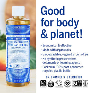 Dr. Bronner's - Pure-Castile Liquid Soap (Peppermint, 16 ounce) - Made with Organic Oils, 18-in-1 Uses: Face, Body, Hair, Laundry, Pets and Dishes, Concentrated, Vegan, Non-GMO