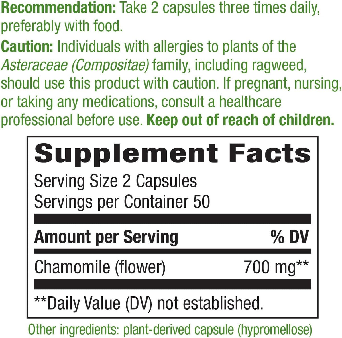 Nature&#39;s Way Chamomile Flower - 700 mg per 2-Capsule Serving- Traditional Calming Aid* - Herbal Supplement - Non-GMO Project Verified &amp; Gluten Free - 100 Vegan Capsules