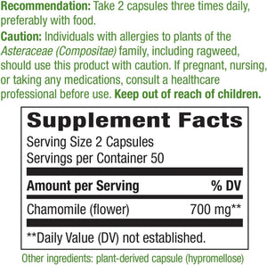 Nature's Way Chamomile Flower - 700 mg per 2-Capsule Serving- Traditional Calming Aid* - Herbal Supplement - Non-GMO Project Verified & Gluten Free - 100 Vegan Capsules