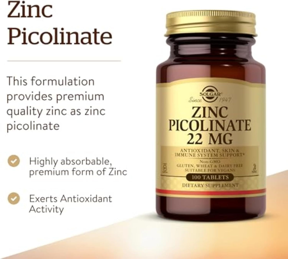 Solgar Zinc Picolinate 22 mg, 100 Tablets - Promotes Healthy Skin - Supports Immune System, Normal Taste &amp; Vision - Antioxidant – Non-GMO, Vegan, Gluten Free, Kosher - 100 Servings
