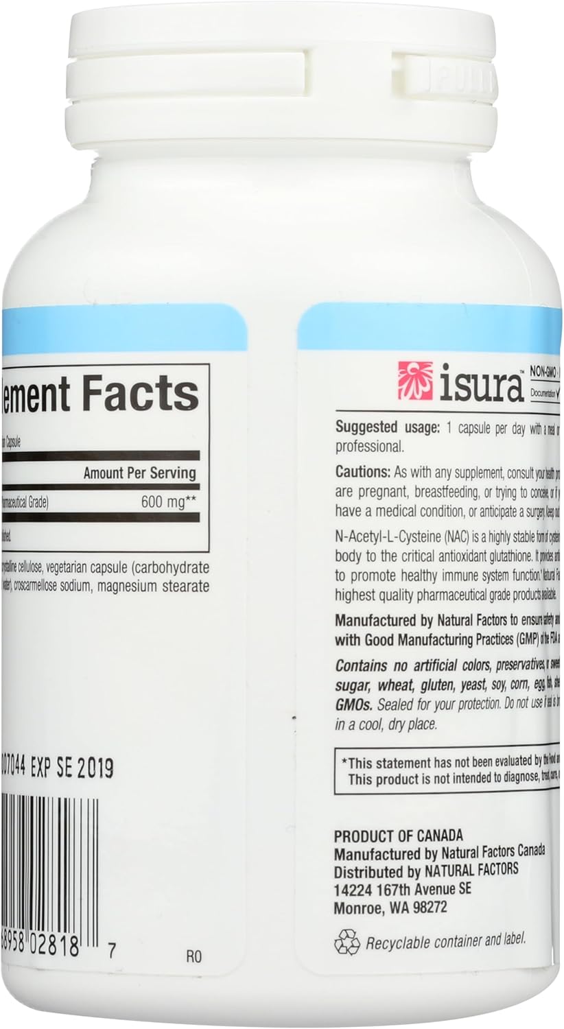 Natural Factors N-Acetyl-L-Cysteine 600 mg, 60 Capsules