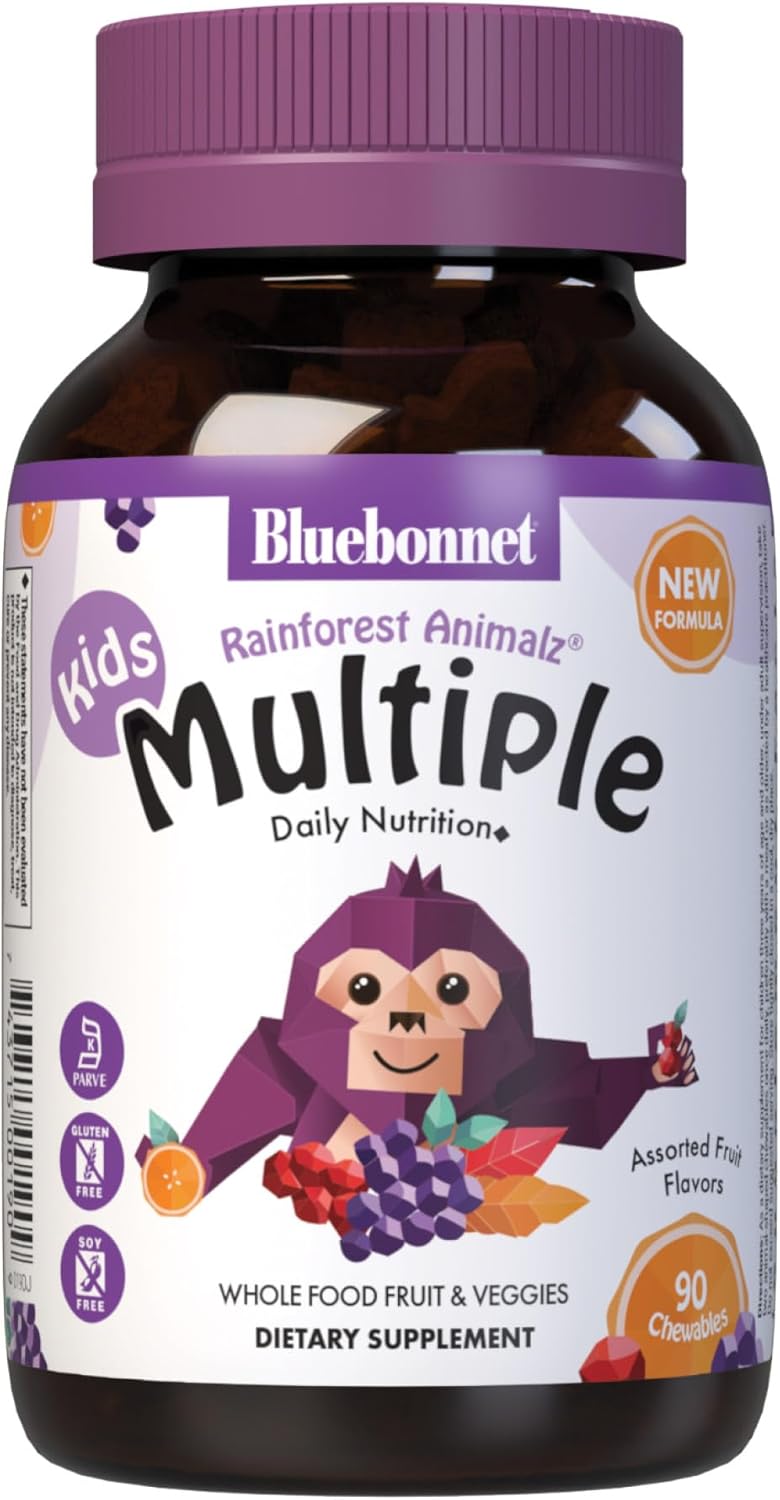 Bluebonnet Nutrition Rainforest Animalz Whole Food Based Multiple Chewable Tablets, Kids Multivitamin &amp; Mineral, Vitamin C, D3, Iron, Gluten Free, Milk Free, Kosher, 90 Chewable Tablets, Mixed Flavors