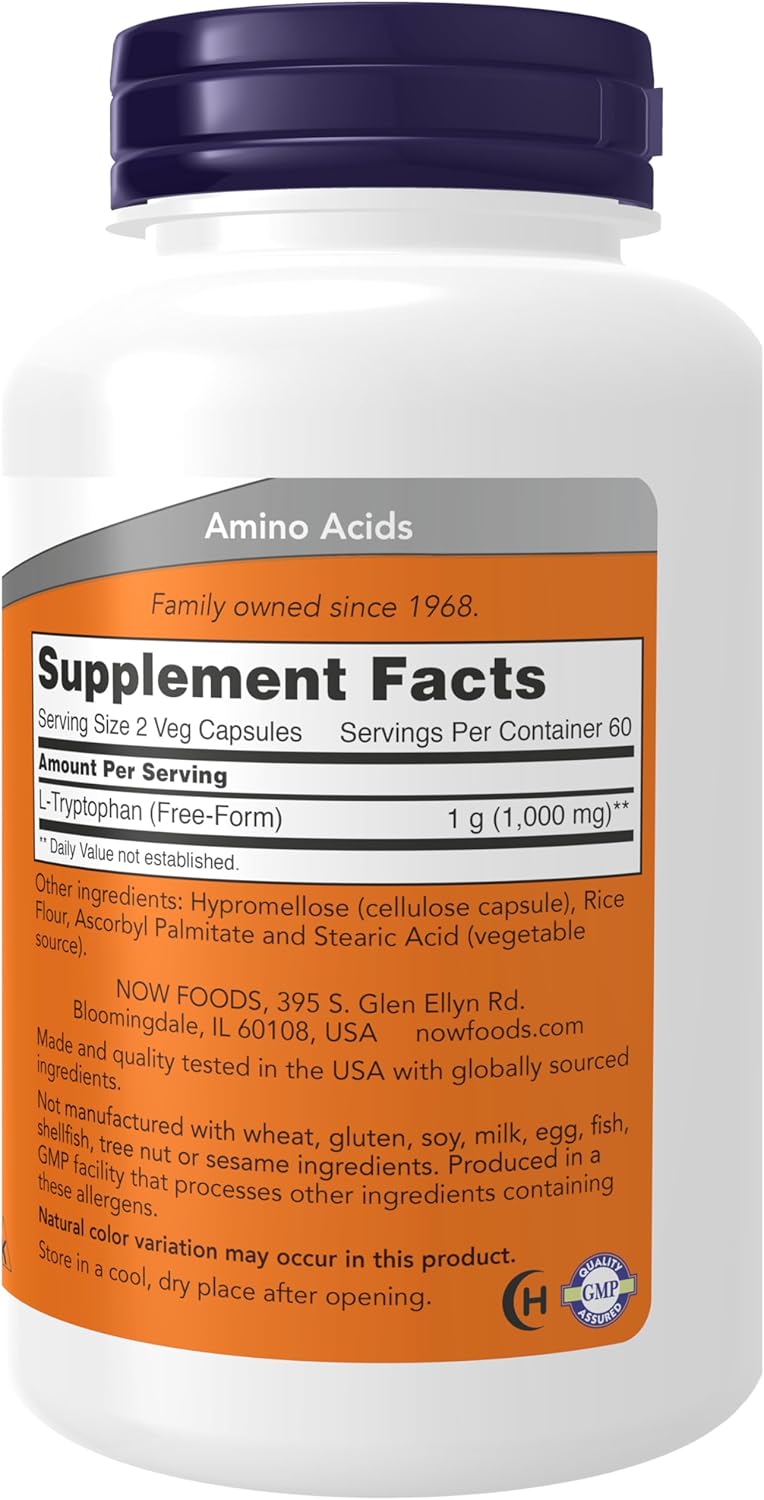 NOW Foods Supplements, L-Tryptophan 500 mg, Encourages Positive Mood*, Supports Relaxation*, 120 Veg Capsules