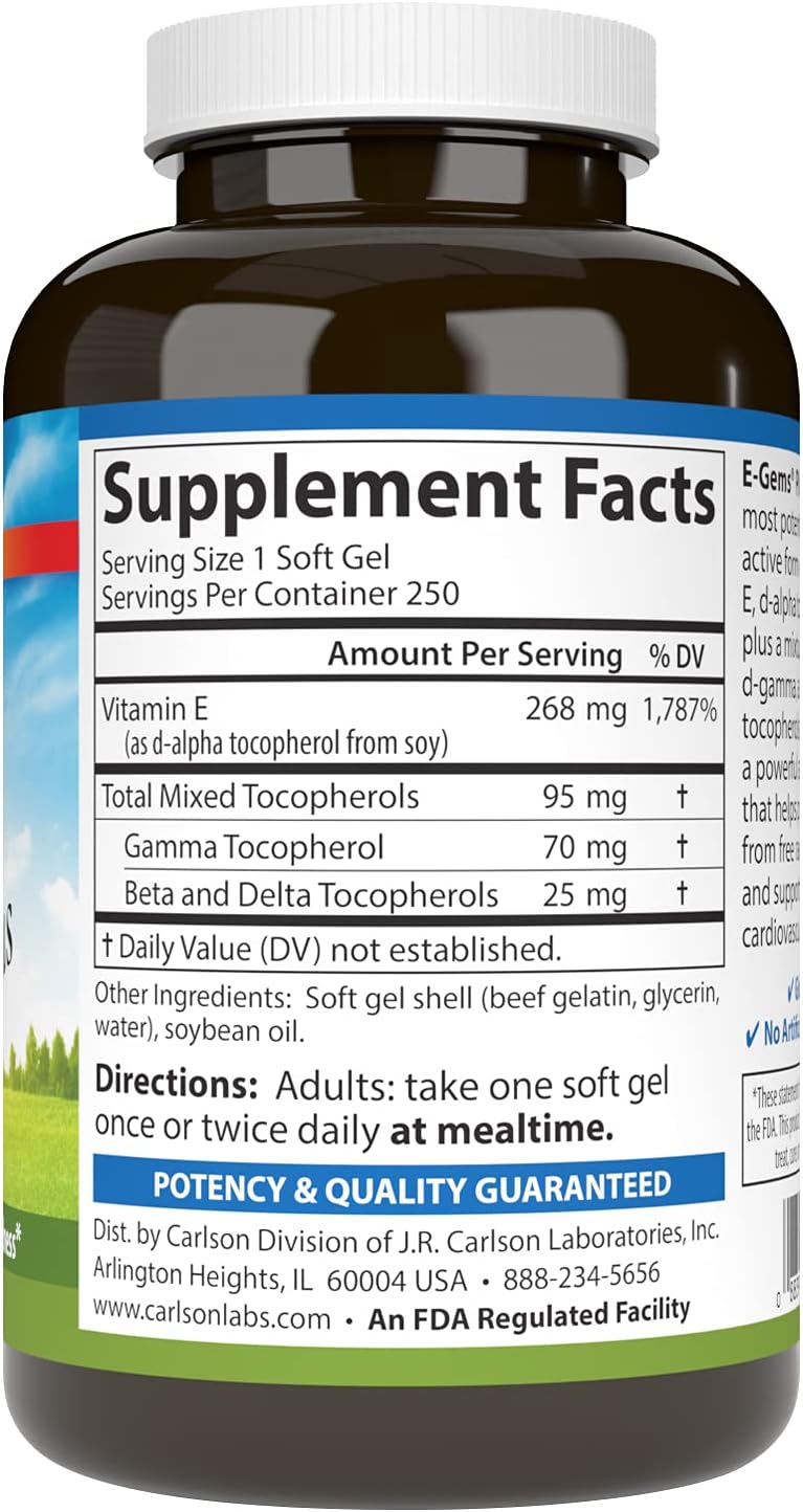 Carlson - E-Gems Plus, Natural Vitamin E 400 IU, Supports a Healthy Heart, 250 soft gels