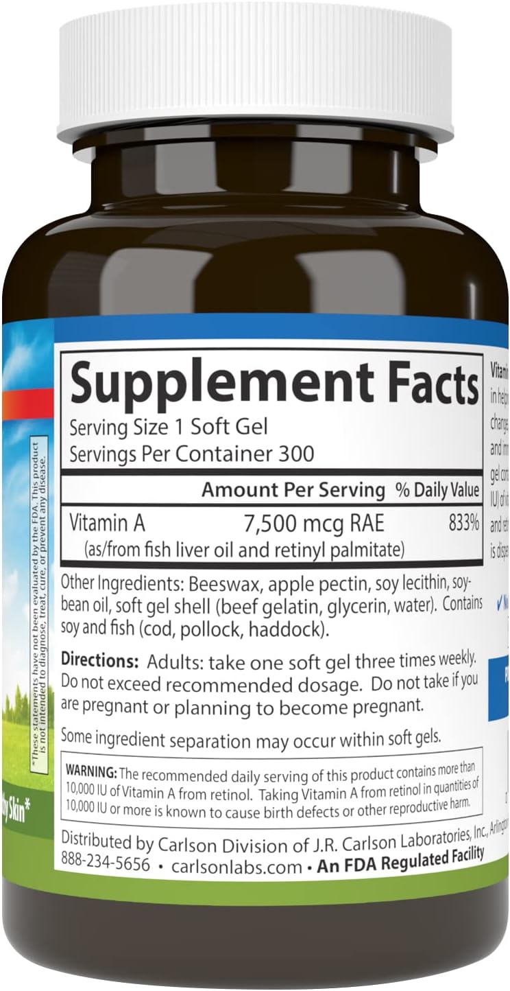 Carlson - Vitamin A, 25000 IU (7500 mcg RAE) with Pectin, Vision Health, Helps Night Vision, Skin Health, 300 Softgels