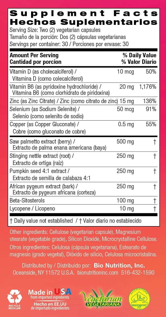 Bio Nutrition Prostate Wellness Support Supplement 60 Vegetarian Capsules | Natural Formula for Men’s Health | Promotes Healthy Prostate Function | Supports Urinary Health &amp; Hormonal Balance