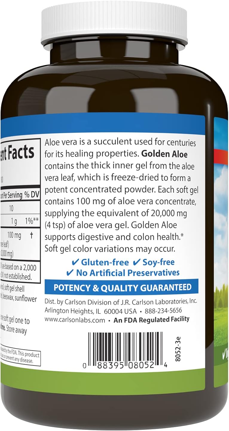 Carlson - Golden Aloe, 100 mg (200:1 Concentrate), Digestive Support & Colon Health, Optimal Wellness, 180 Softgels