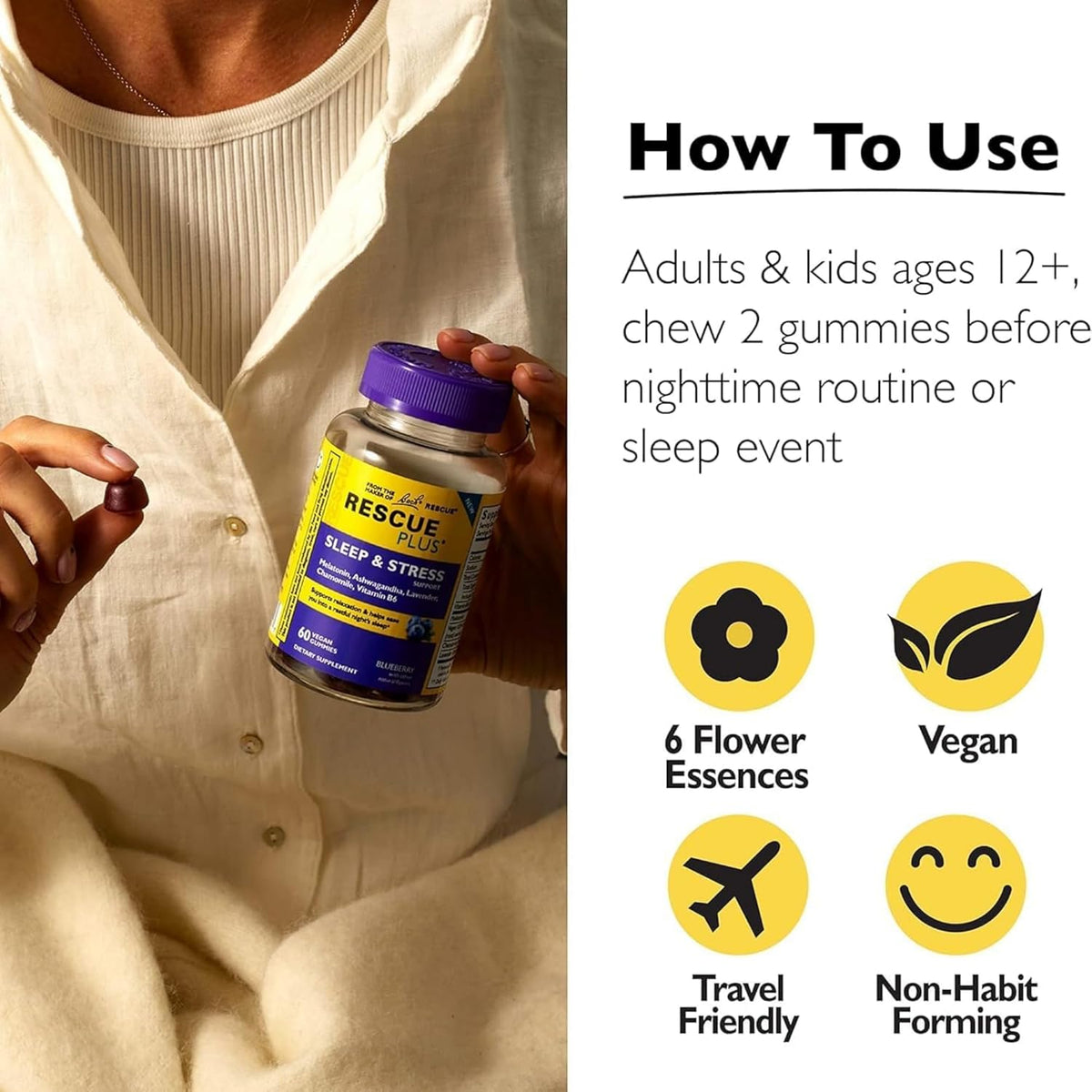 Bach RESCUE PLUS Sleep &amp; Stress Support Gummies, Nighttime Dietary Supplement with 1mg Melatonin, Ashwagandha, Chamomile, Lavender &amp; Vitamin B6, Natural Blueberry Flavor, Vegan &amp; Gluten-Free, 60 Count