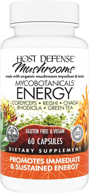 Host Defense MycoBotanicals Energy* Capsules - Energy & Respiratory Support Supplement - Herbal Green Tea Capsules - Respiratory Supplement with Cordyceps, Reishi & Chaga - 60 Capsules (30 Servings)