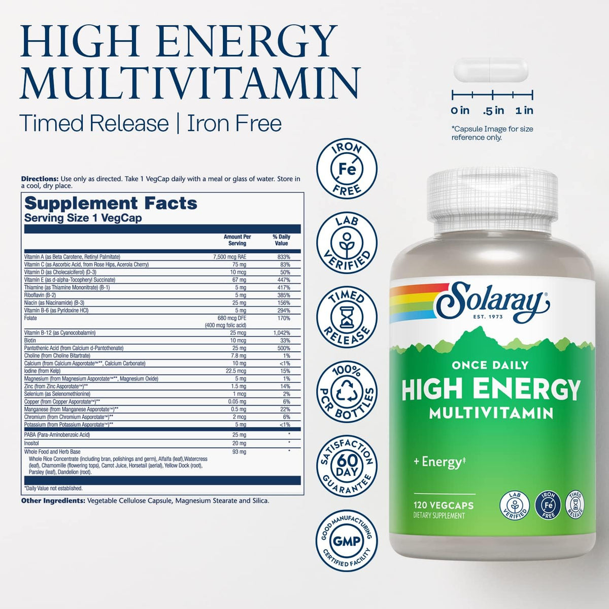 SOLARAY High Energy Multivitamin, No Iron, 1/Day, Timed-Release Formula, Whole Food &amp; Herb Base 120 VegCaps