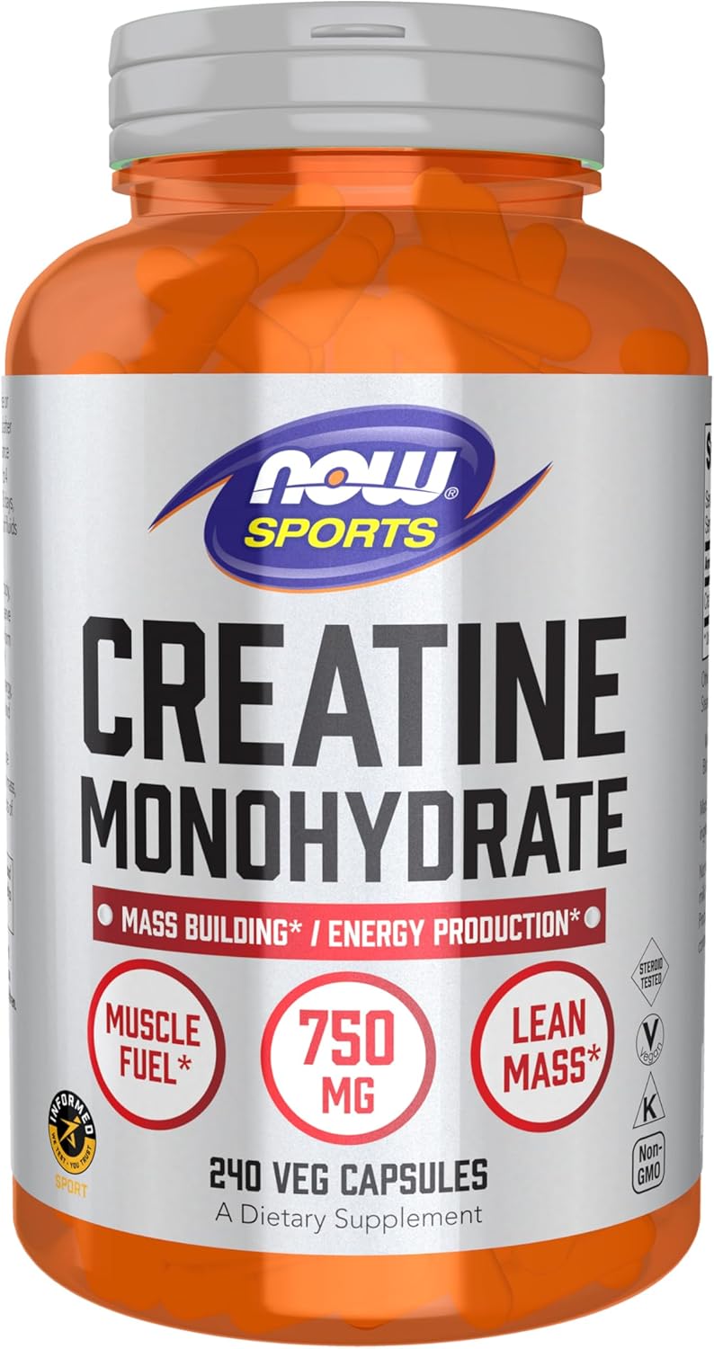 NOW Foods Sports Nutrition, Creatine Monohydrate 750 mg, Mass Building*/Energy Production*, 240 Veg Capsules