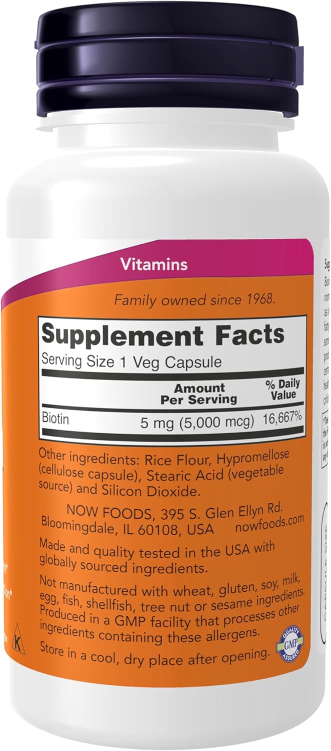NOW Foods Supplements, Biotin 5,000 mcg, Amino Acid Metabolism*, Energy Production*, 60 Veg Capsules