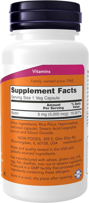 NOW Foods Supplements, Biotin 5,000 mcg, Amino Acid Metabolism*, Energy Production*, 60 Veg Capsules
