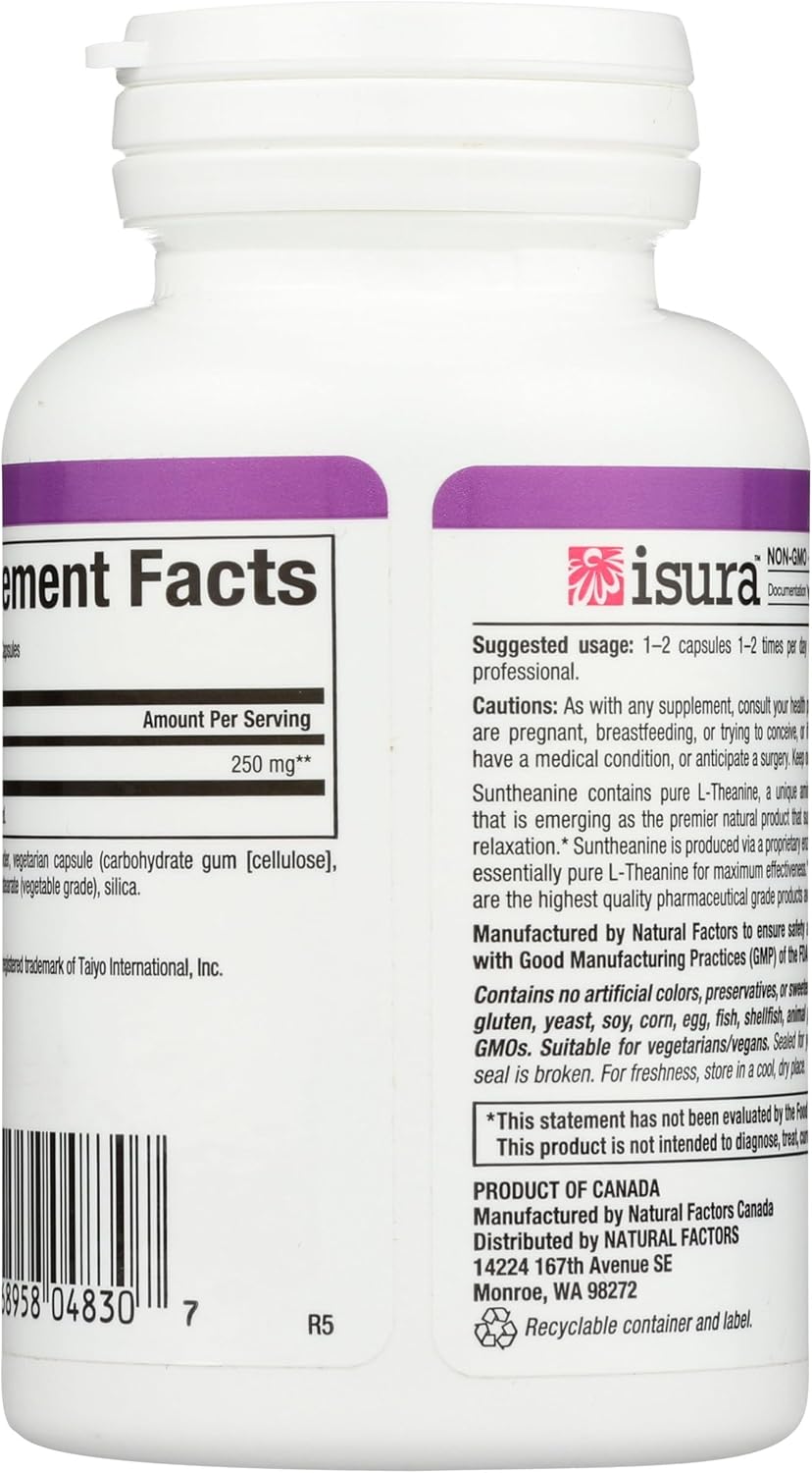 Natural Factors Stress-Relax Suntheanine L-Theanine 125 mg, Non-Drowsy Stress Support for Mental Calmness and Relaxation, 60 Capsules