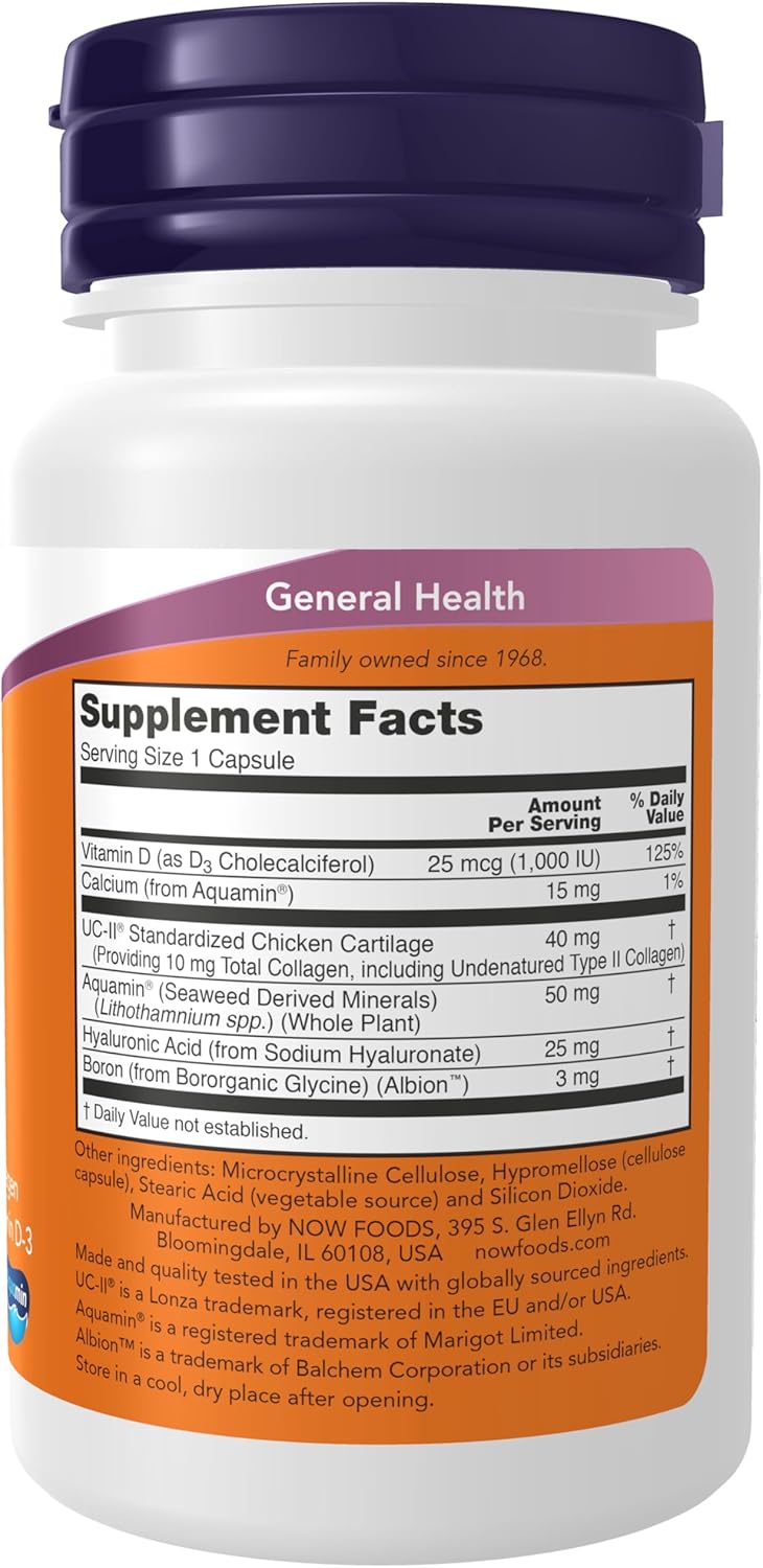 NOW Foods Supplements, UC-II Advanced Joint Relief with Undenatured Type II Collagen, plus Hyaluronic Acid, Boron, Vitamin D-3, 60 Veg Capsules