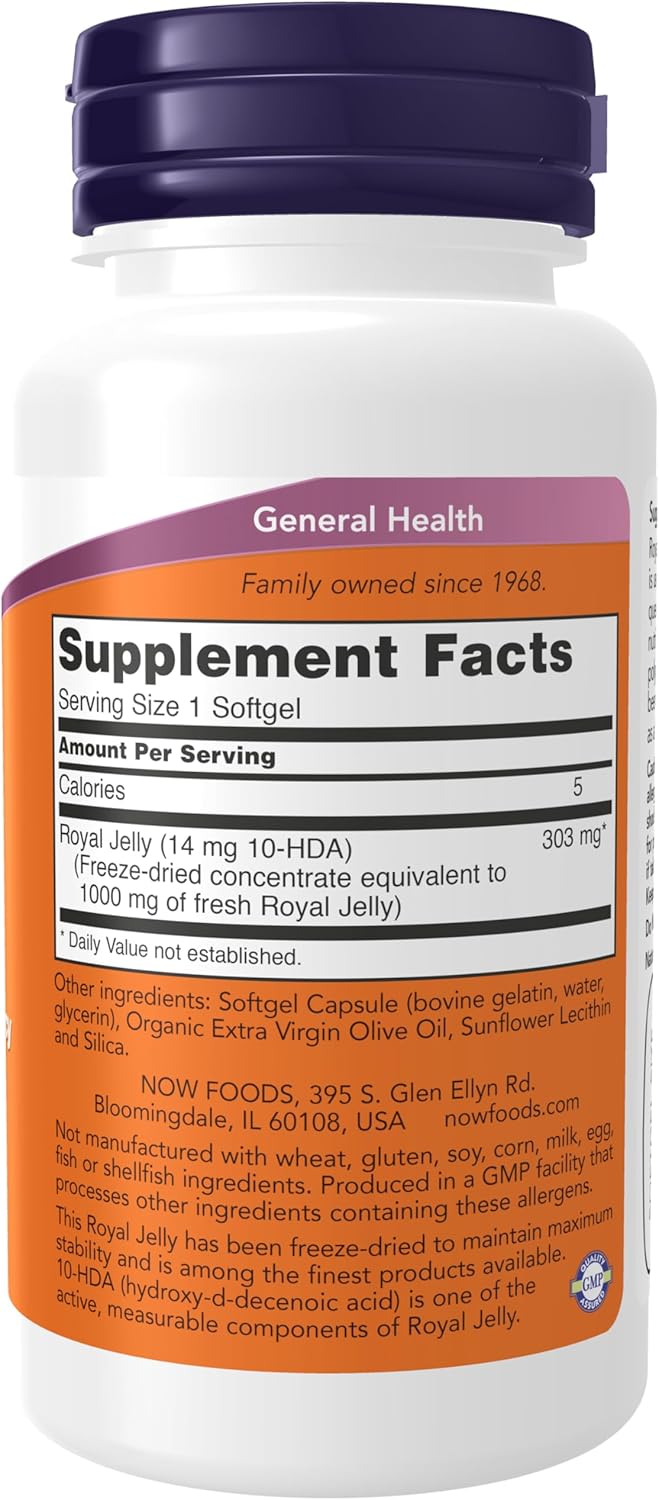 NOW Foods Supplements, Royal Jelly 1000 mg with 10-HDA (Hydroxy-D-Decenoic Acid), 60 Softgels