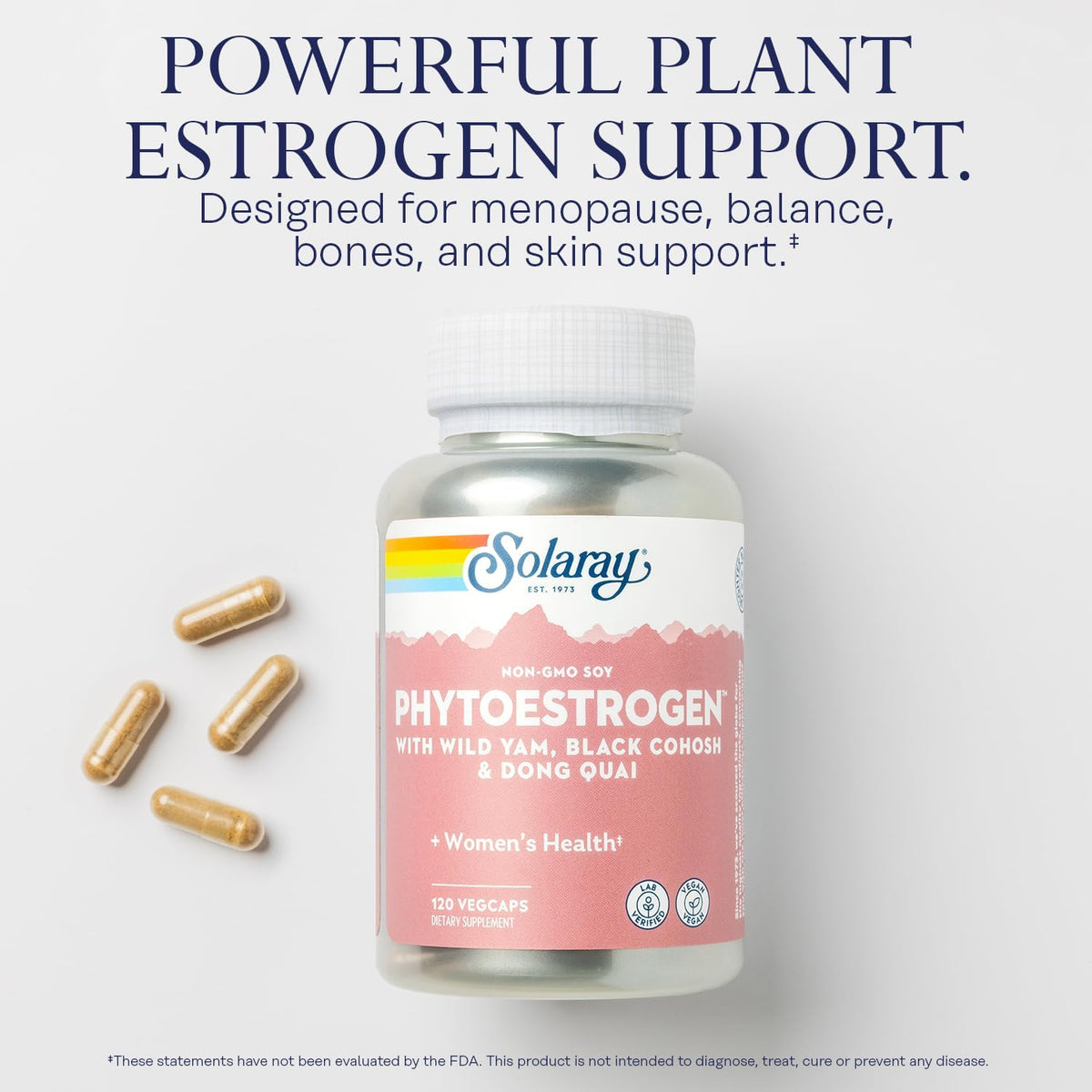 SOLARAY PhytoEstrogen Menopause Supplements - Wild Yam, Black Cohosh, and Dong Quai Estrogen Pills for Women&#39;s Health - Vegan, Lab Verified, 60-Day Guarantee (30 Servings, 120 VegCaps)