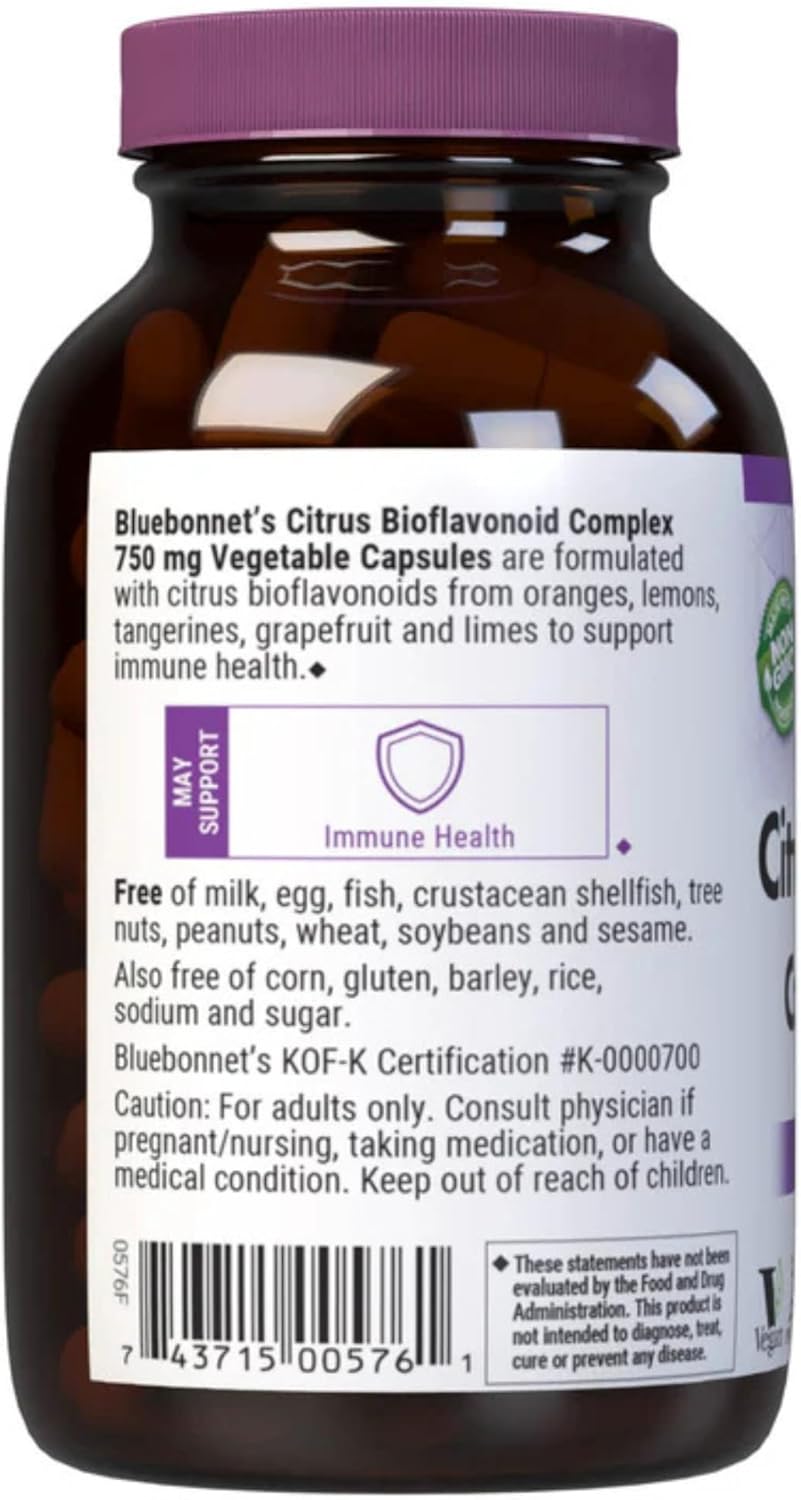 Bluebonnet Citrus Bioflavonoid Complex 750 mg Immune System Support - Hesperidin Citrus Bioflavonoids from Oranges Lemons Grapefruit &amp; Limes - Non-GMO, Vegan, Gluten-Free - 90 Veggie Capsules