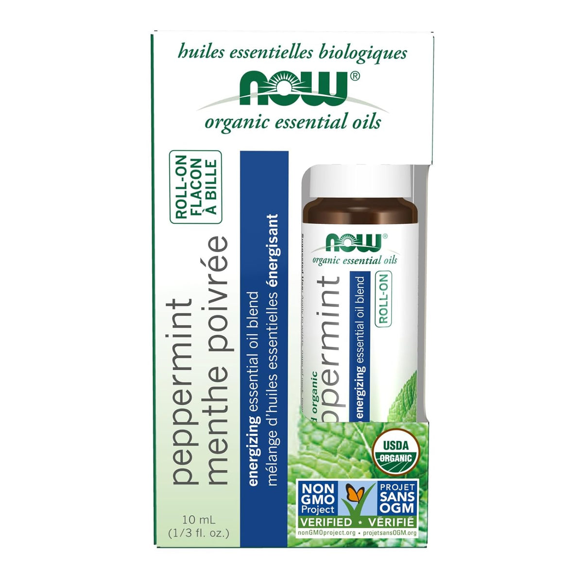 NOW Foods Essential Oils, Peppermint Roll-On, Certified Organic, Energizing Blend, Steam Distilled, Topical Aromatherapy, 10-mL