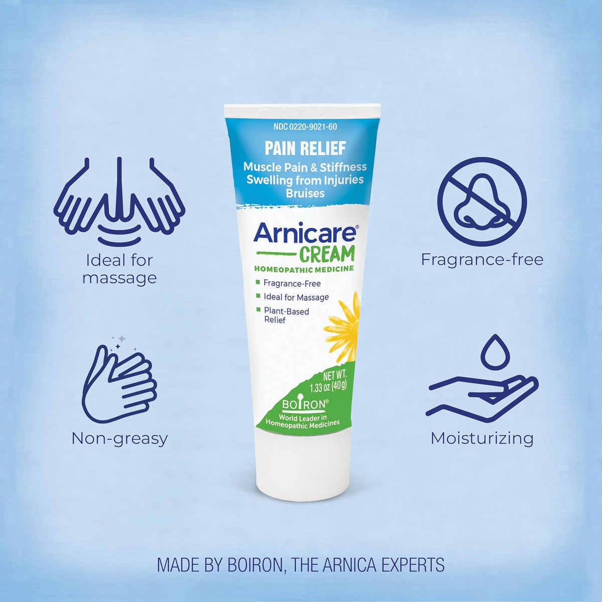 Boiron Arnicare Cream for Relief for Joint Pain, Muscle Pain, Muscle Soreness, and Swelling from Bruises or Injury - Fast Absorbing and Fragrance-Free - 1.3 oz