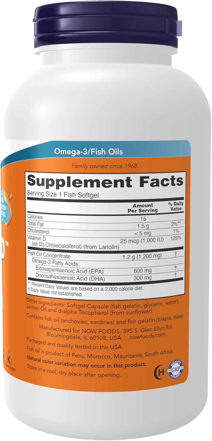 NOW Foods Supplements, Ultra Omega 3-D™, Omega-3 Fish Oil + Vitamin D-3, Cardiovascular Support*, 180 Softgels