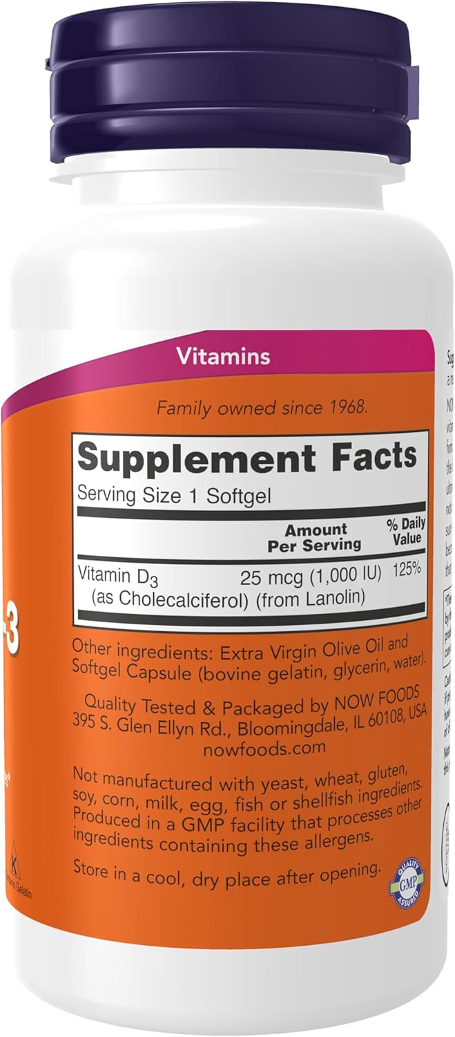 NOW Supplements, Vitamin D-3 1,000 IU, High Potency, Structural support*, 180 Softgels
