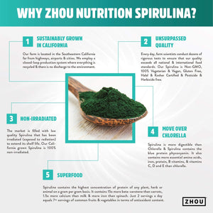 Zhou Spirulina Powder - Blue Green Spirulina Superfood for Women & Men with Vegan Protein, Chlorophyll & Phycocyanin for Smooth Energy & Longevity, Drink Mix for Smoothies - 6 oz Jar (48 Servings)