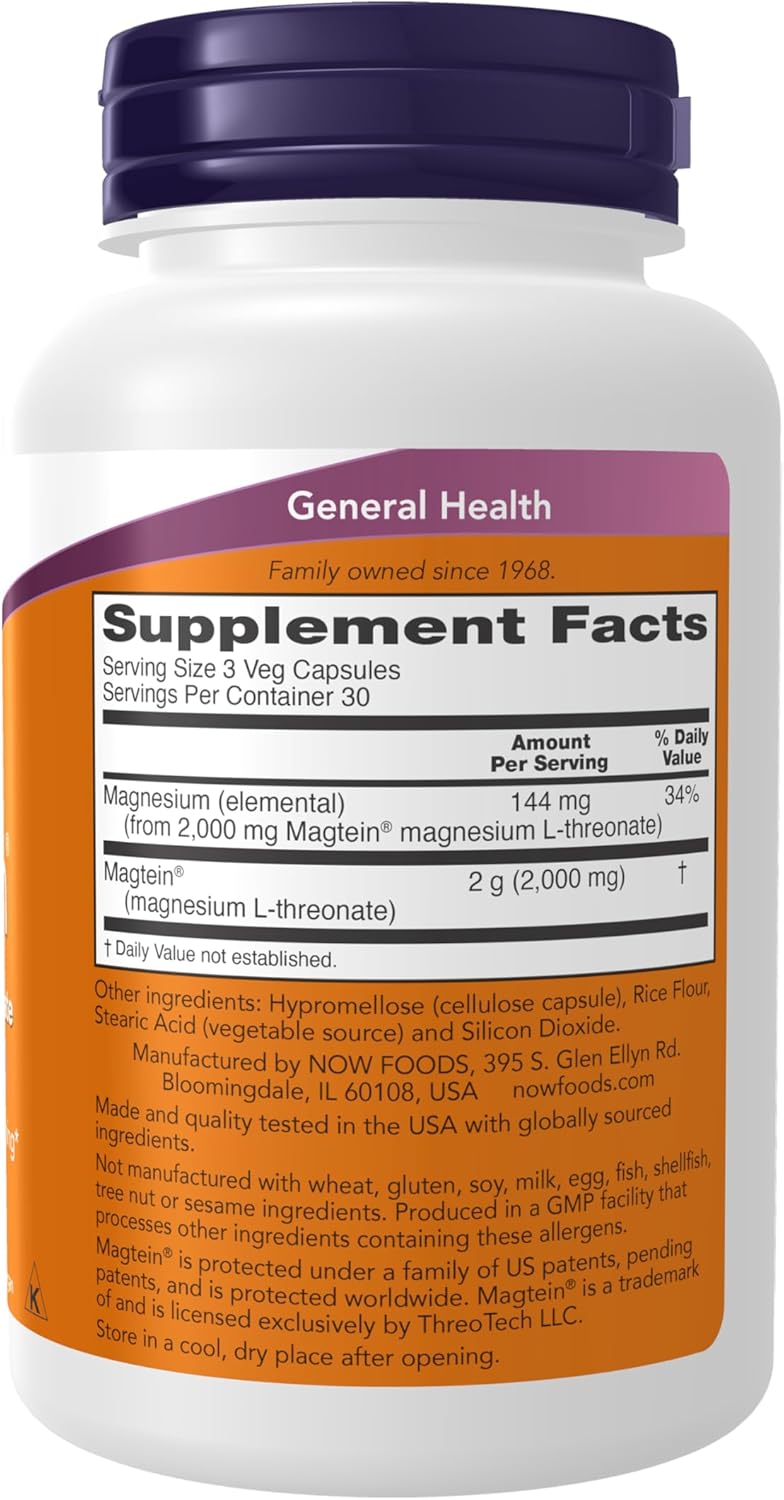 NOW Foods Supplements, Magtein™ with patented form of Magnesium (Mg), Cognitive Support*, 90 Veg Capsules