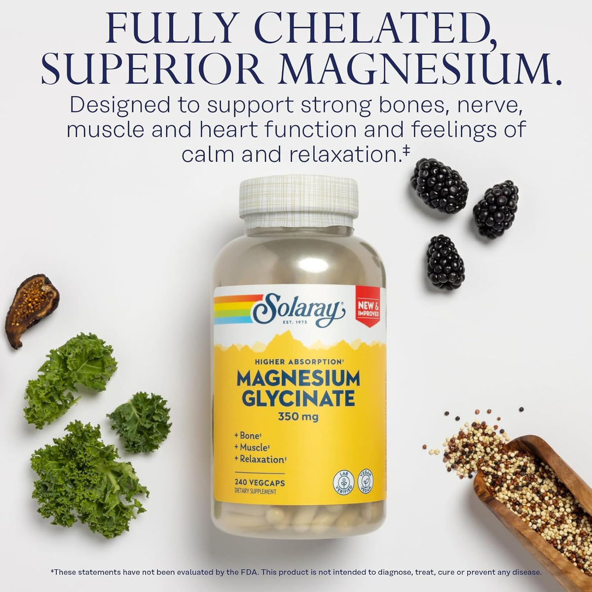Solaray Magnesium Glycinate, New &amp; Improved Fully Chelated Bisglycinate with BioPerine, High Absorption Formula, Stress, Bones, Muscle &amp; Relaxation Support, 60 Day Guarantee, 60 Servings, 240 VegCaps