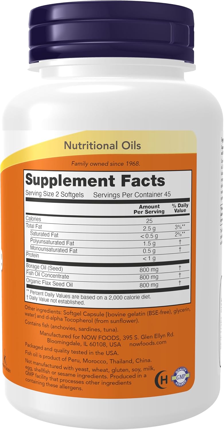 NOW Supplements, Super Omega 3-6-9 1200 mg with a blend of Fish, Borage and Flax Seed Oils, 90 Softgels