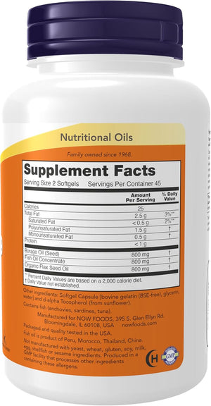 NOW Supplements, Super Omega 3-6-9 1200 mg with a blend of Fish, Borage and Flax Seed Oils, 90 Softgels