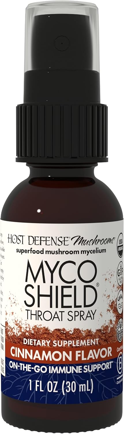 Host Defense MycoShield Throat Spray - Immune Health Support - Dietary Mushroom Supplement with Chaga, Reishi, Turkey Tail & More - On-The-Go Immune Support - Cinnamon Flavor, 1 fl oz (71 Servings)
