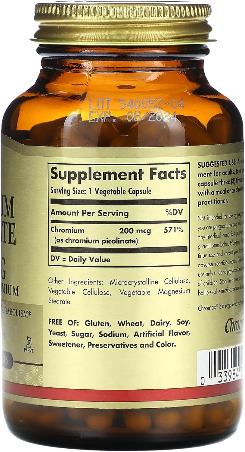Solgar Chromium Picolinate 200 mcg, 180 Vegetable Capsules - Supports Healthy Blood Sugar Metabolism - Non-GMO, Vegan, Gluten Free, Dairy Free, Kosher - 180 Servings