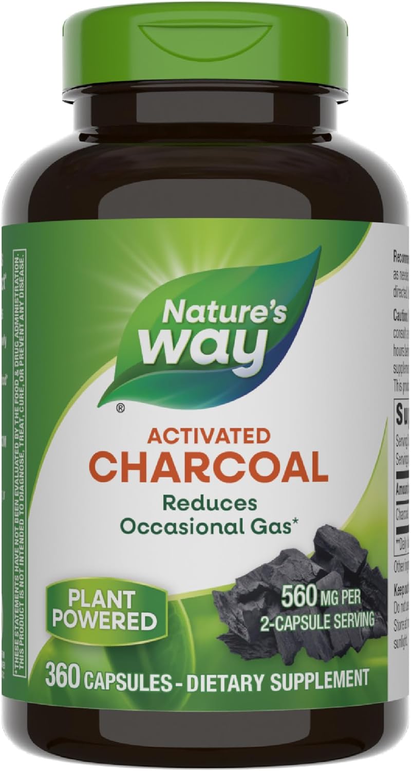 Nature&#39;s Way Activated Charcoal, Binds Unwanted Materials and Gas in the Digestive Tract*, 560 mg per 2-Capsule Serving, 360 Capsules