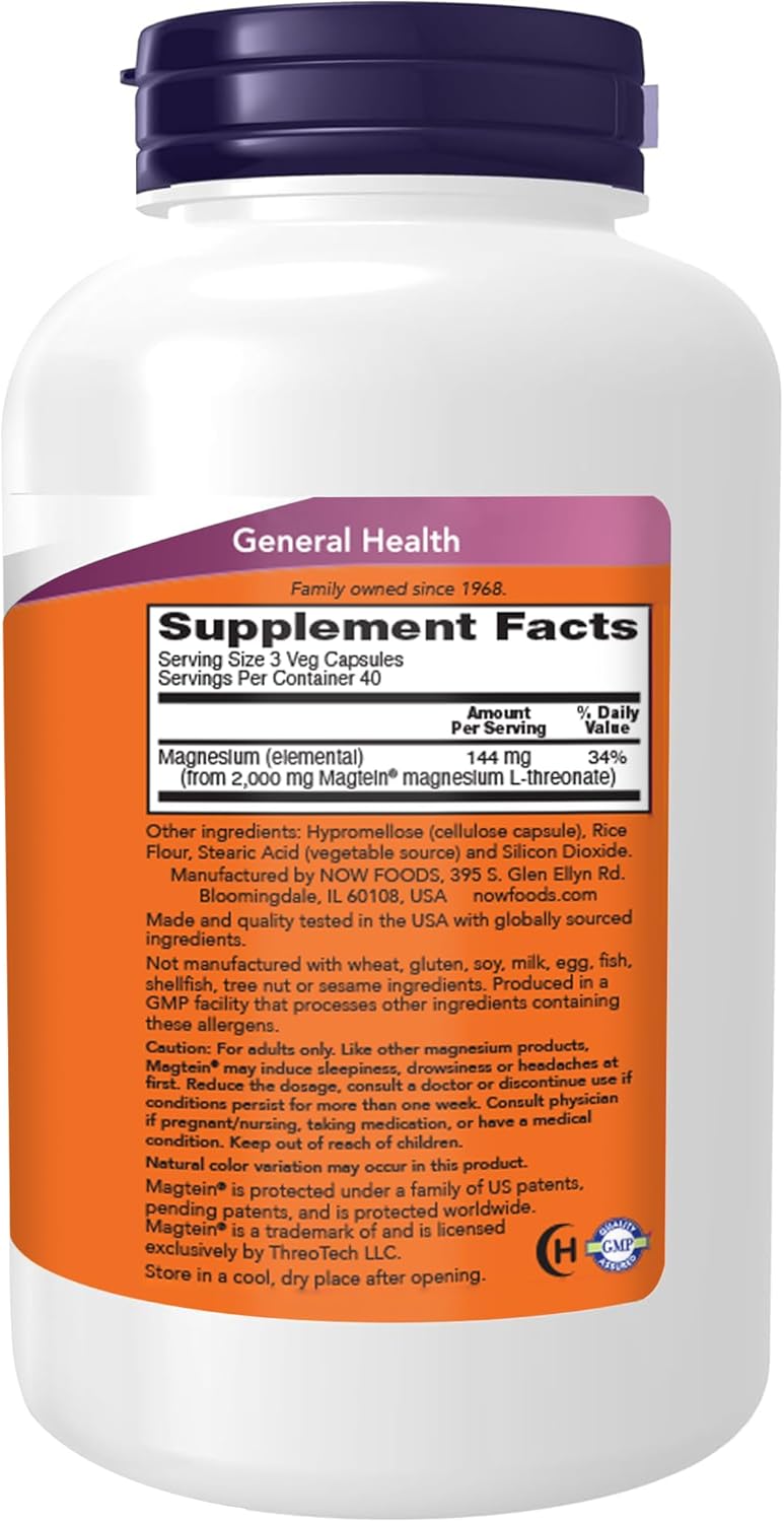 NOW Foods Supplements Magtein, Magnesium L-Threonate, Cognitive Support*, 120 Veg Capsules