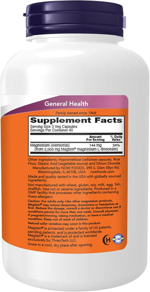 NOW Foods Supplements Magtein, Magnesium L-Threonate, Cognitive Support*, 120 Veg Capsules