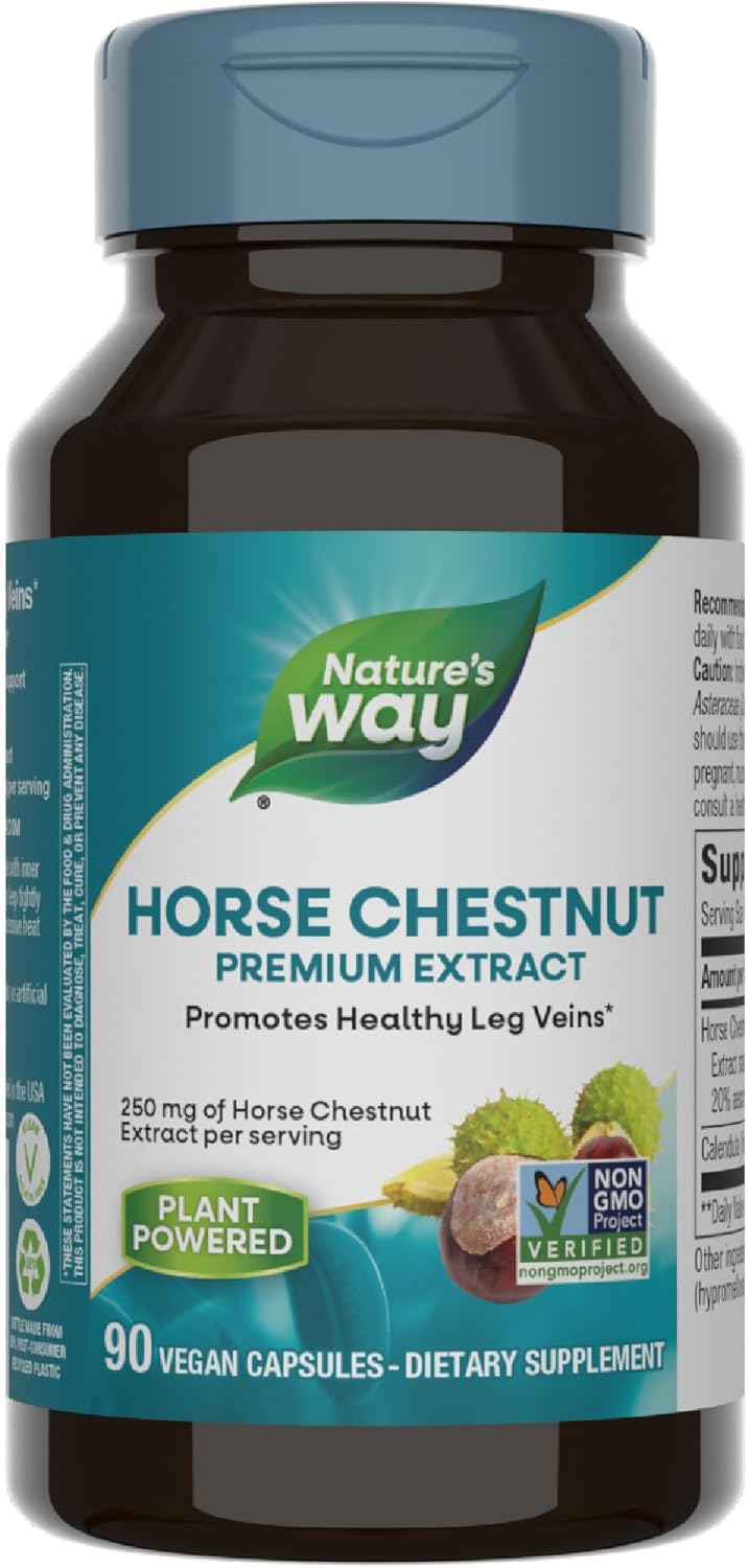 Nature&#39;s Way Horse Chestnut Extract, Premium Extract, Promotes Healthy Leg Veins*, 250 mg per Serving, Vegan, 90 Capsules