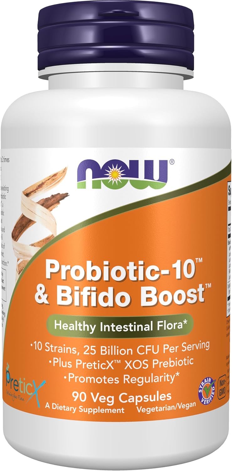 NOW Foods Supplements, Probiotic-10™ &amp; Bifido Boost™ with 10 Strains, 25 Billion CFU Per Serving, plus PreticX™ XOS Prebiotic, 90 Veg Capsules