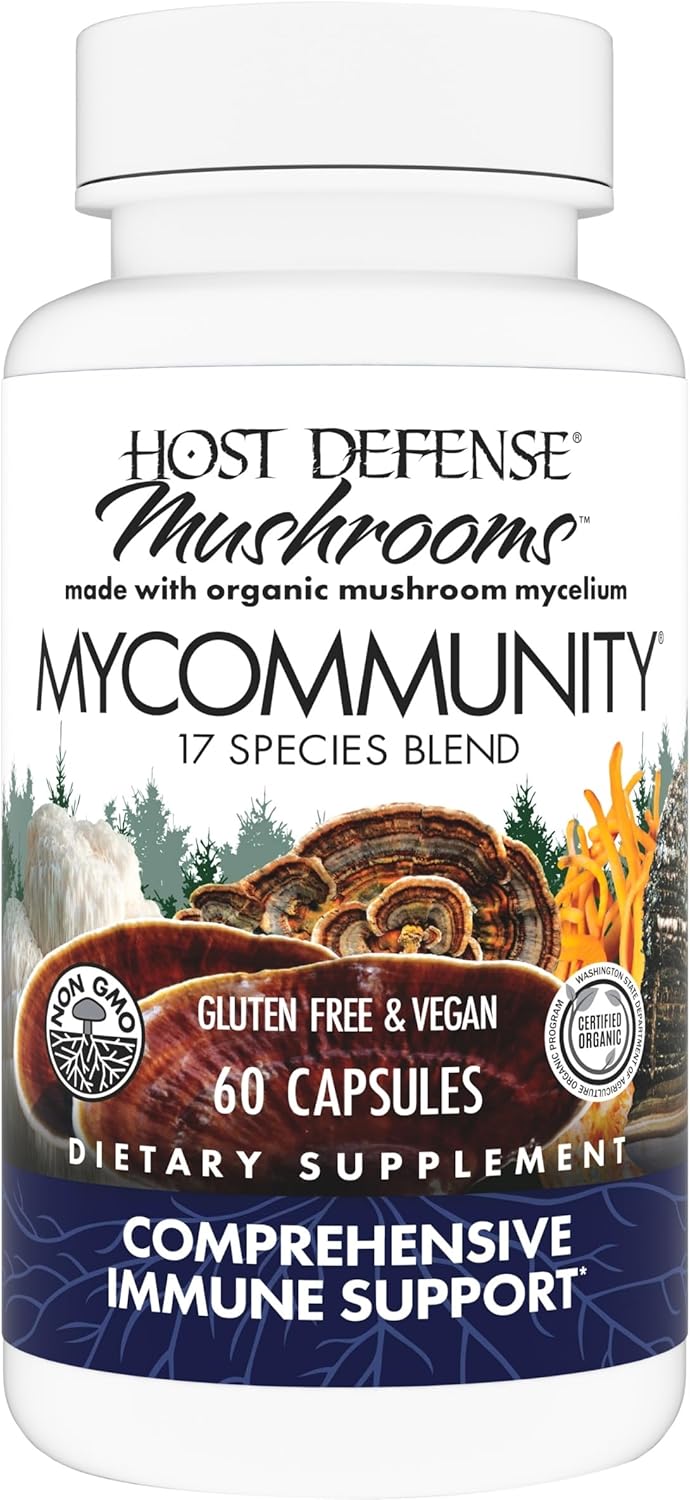 Host Defense MyCommunity Capsules - 17 Species Blend Mushroom Supplement for Immune Support - Herbal Aid with Lion&#39;s Mane, Reishi. Chaga, Cordyceps, Turkey Tail &amp; More - 60 Capsules (30 Servings)