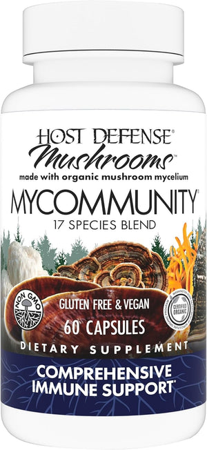 Host Defense MyCommunity Capsules - 17 Species Blend Mushroom Supplement for Immune Support - Herbal Aid with Lion's Mane, Reishi. Chaga, Cordyceps, Turkey Tail & More - 60 Capsules (30 Servings)