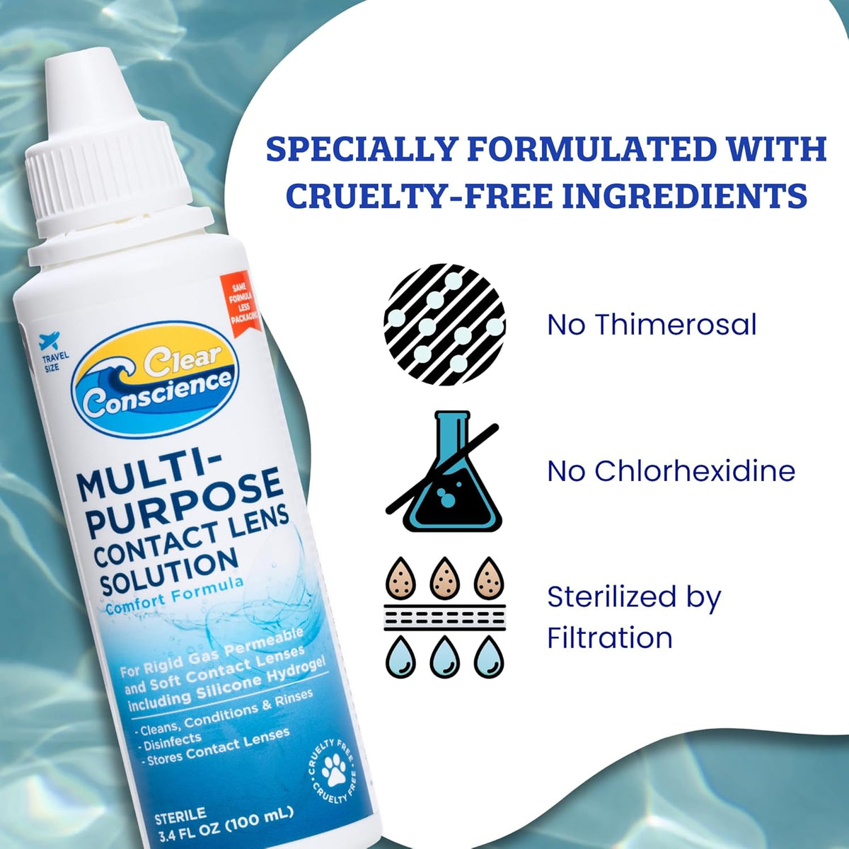 Cruelty-Free Travel Size Contact Lens Solution 3 Fl oz - Multipurpose Mild Cleaner &amp; Conditioner for Eye Contact Lens Care by Clear Conscience