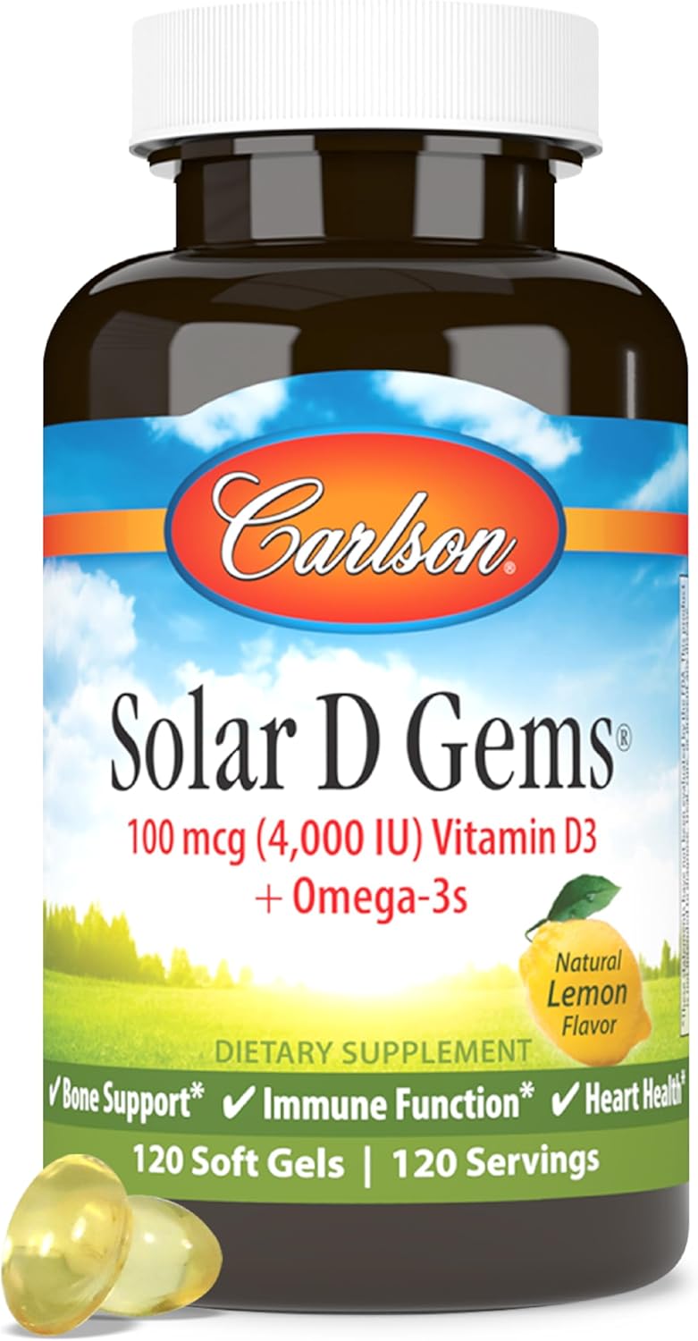 Carlson - Solar D Gems, Vitamin D3 and Omega-3 Supplement, 4000 IU (100 mcg) D3, 115 mg Omega-3 EPA and DHA, Vitamin D Fish Oil Capsule, Bone &amp; Immune Health, Vitamin D Supplement, Lemon, 120 Softgels