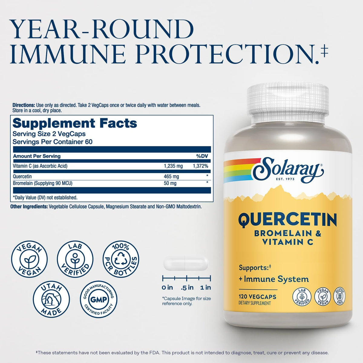SOLARAY Quercetin with Bromelain and Vitamin C - Immune Support Supplement - Antioxidant and Heart Health Complex with Quercetin 500mg and 1235mg VIT C - Vegan, 60-Day Guarantee, 60 Serv, 120 VegCaps